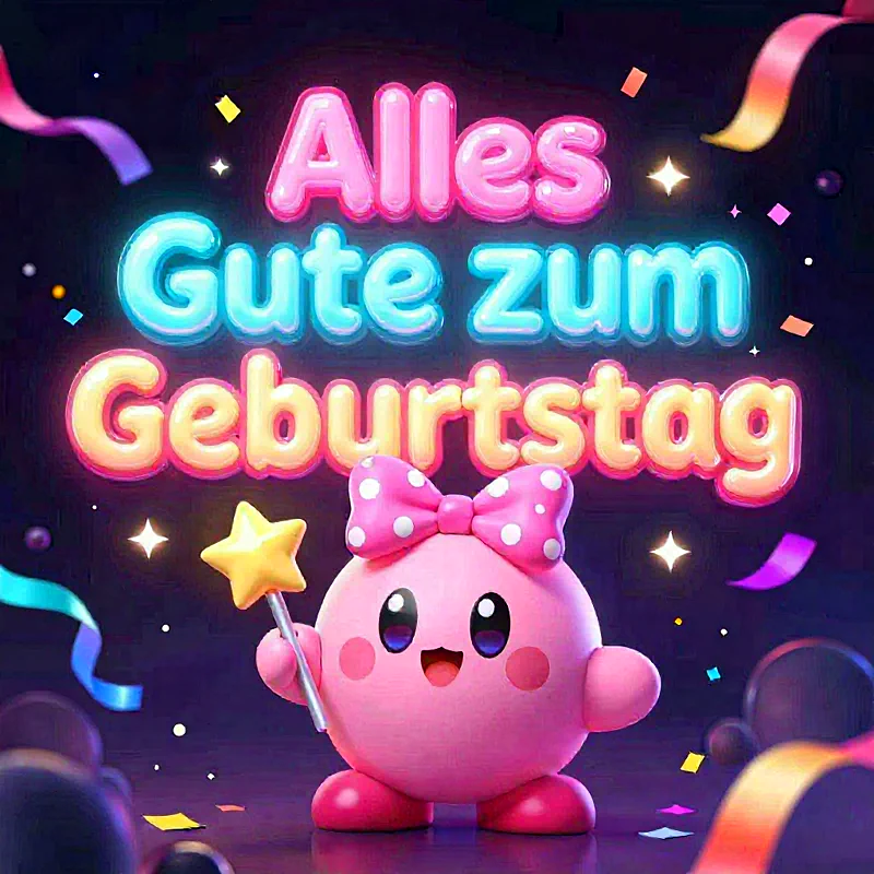 Liebevolle Geburtstagsgrüße mit süßem Charakter und bunten Konfetti