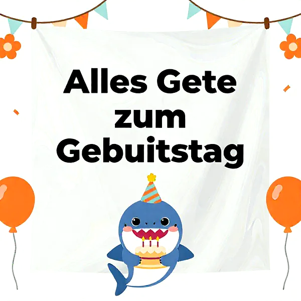 Ein niedlicher Hai hält eine Geburtstagstorte, umgeben von Luftballons und Girlanden.