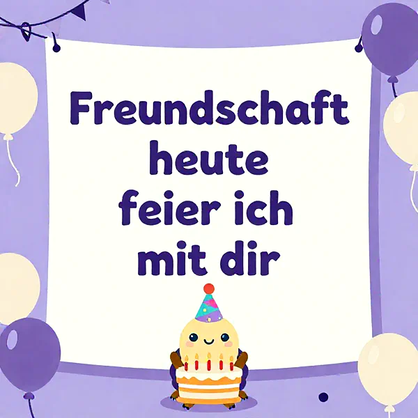 Ein niedlicher Kuchen mit Kerzen und Partyhut vor einer lila Wand mit Luftballons.