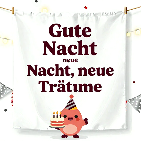 Ein süßer rosa Charakter mit Partyhut hält eine Torte, dahinter ein Banner mit dem Text 'Gute Nacht neue Nacht, neue Träume'.
