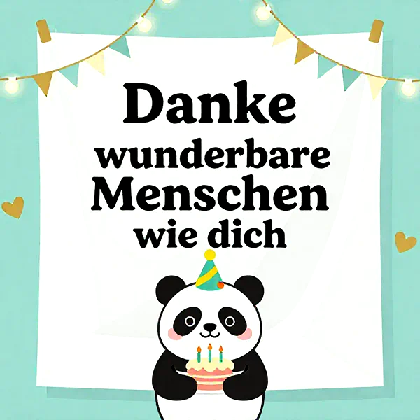 süßer Panda mit Geburtstagstorte und Partyhut, feierliche Stimmung, bunte Girlanden
