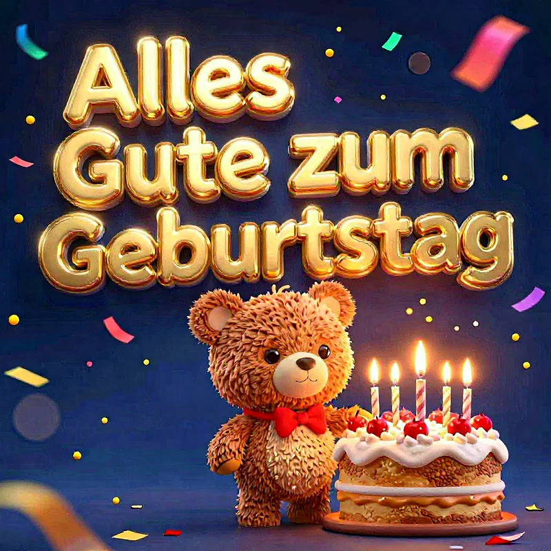 Liebevolle Geburtstagsgrüße mit süßem Teddy und leuchtender Torte
