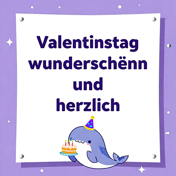 süßer Wal mit Partyhut hält eine Geburtstagstorte, lila Hintergrund, festliche Stimmung