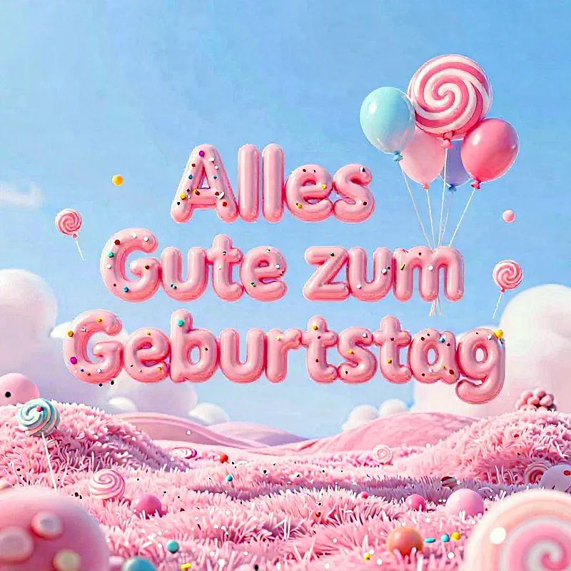 Süße Geburtstagskarte mit rosa Luftballons, Lutschern und der Aufschrift 'Alles Gute zum Geburtstag' in pastellfarbenem Design.