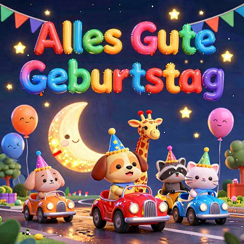 Liebevolle Geburtstagsgrüße mit süßen Tieren und bunten Ballons
