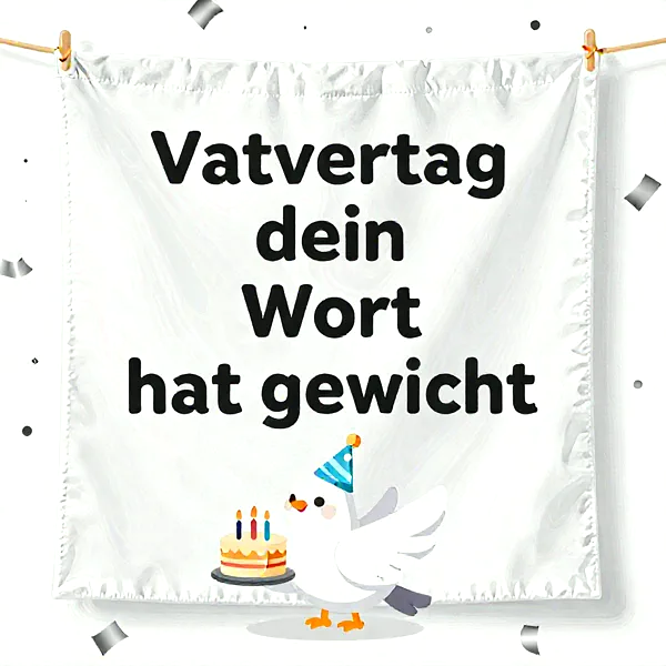 Cartoon-Möwe mit Partyhut hält Geburtstagstorte vor einem weißen Spruchbanner mit der Aufschrift 'Vatvertag dein Wort hat Gewicht'. Festliches Konfetti umgibt die Szene.