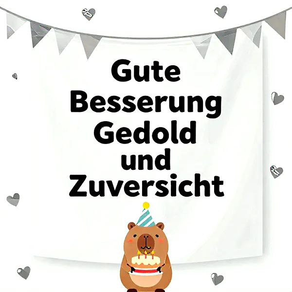 Liebevolle Gute-Besserung-Karte mit süßem Bären und Geburtstagstorte