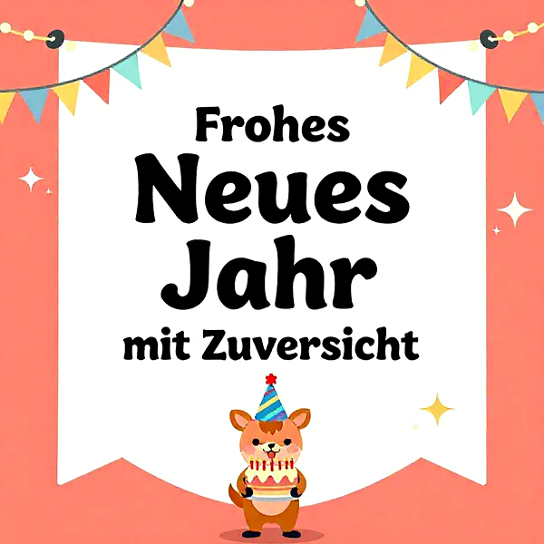 Liebevolle Neujahrswünsche mit süßem Hündchen und festlicher Torte