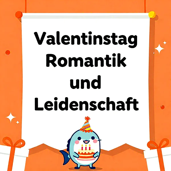 Süßer Hai hält eine Geburtstagstorte, umgeben von Geschenken und einem Plakat mit Valentinstagsgrüßen.