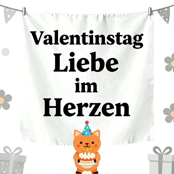 Süße Katze mit Geburtstagstorte vor einem Banner mit der Aufschrift 'Valentinstag Liebe im Herzen'.