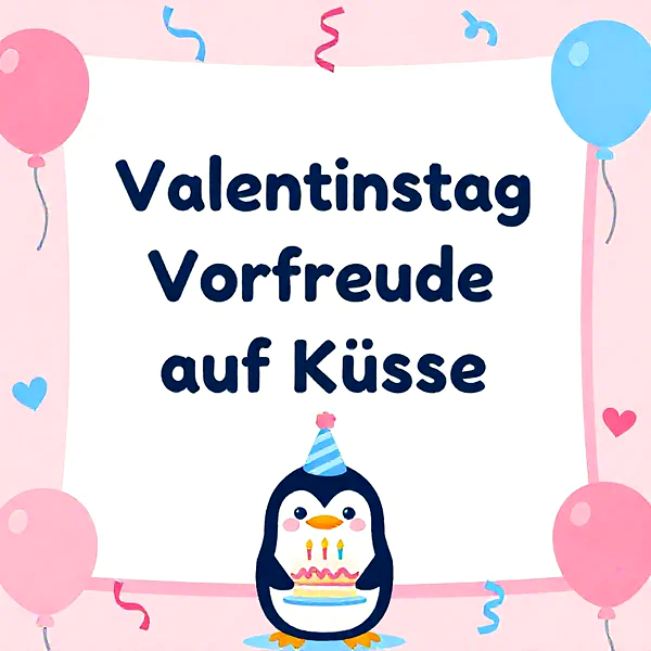 Süßer Pinguin mit Geburtstagshut hält eine Torte, umgeben von rosa und blauen Ballons und Herzen.