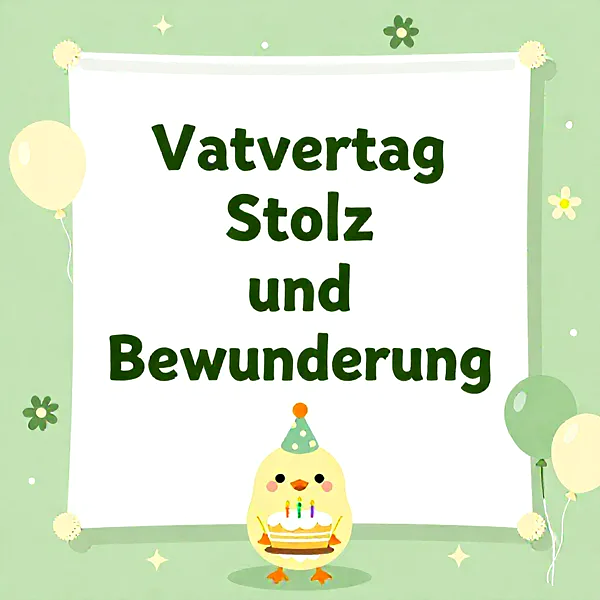 Ein süßes Küken mit Partyhut hält eine Torte vor einem Plakat mit der Aufschrift 'Vatvertag Stolz und Bewunderung'.