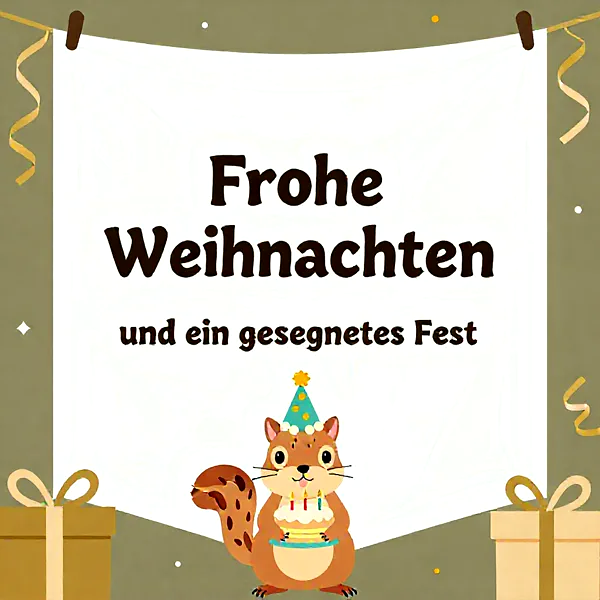 Liebevolle Weihnachtsgrüße mit süßem Eichhörnchen und Torte