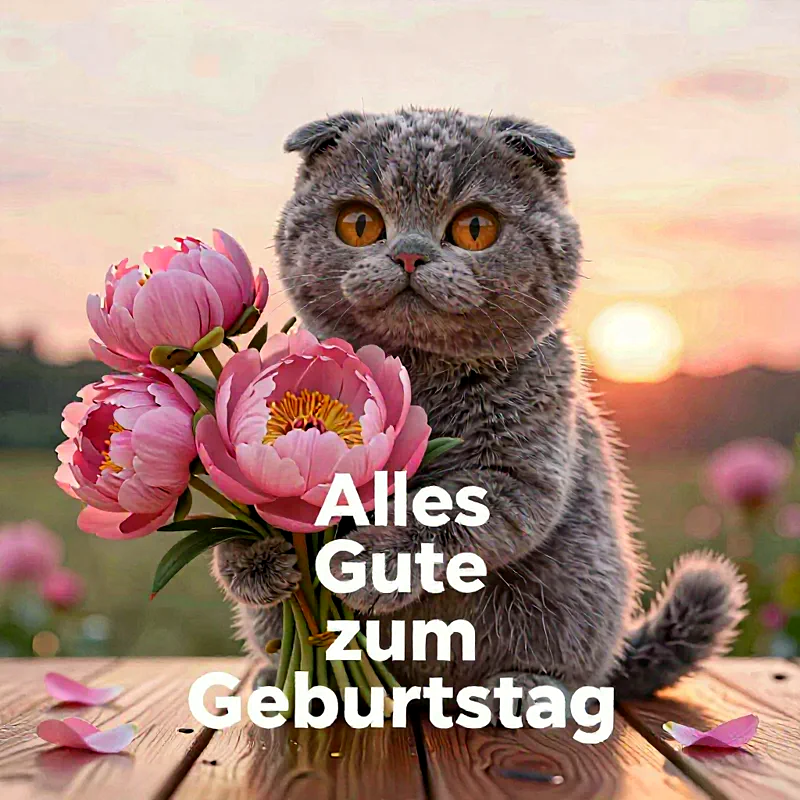 Niedlicher Katzen-Geburtstagsgruß mit Blumenstrauß