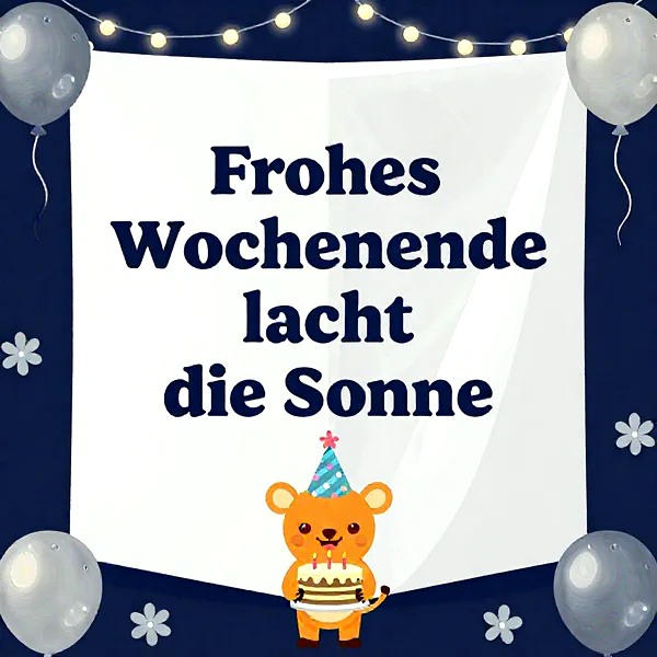 Süßes Cartoon-Tier mit Partyhut und Geburtstagstorte auf einer Glückwunschkarte. Ein festlicher blauer Hintergrund mit Ballons und Lichterketten umrahmt den fröhlichen Weekend-Gruß.