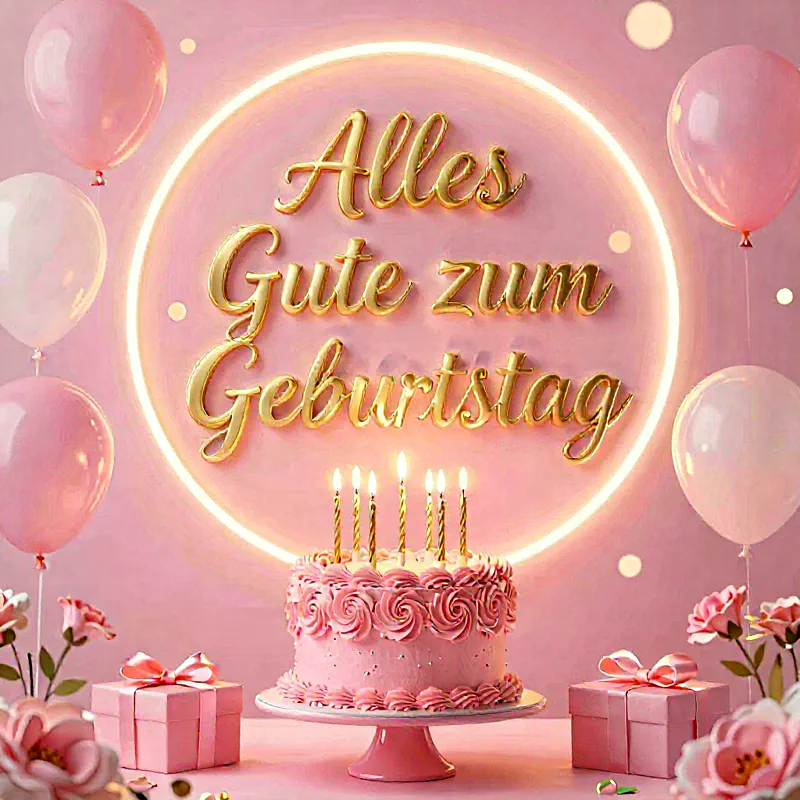 Ein festliches Bild mit einer pinken Geburtstagstorte, leuchtenden Kerzen und goldenen Ballonschriftzügen 'Alles Gute zum Geburtstag' in einem Neonring. Rosa Ballons und Geschenke umrahmen die Szene festlich.