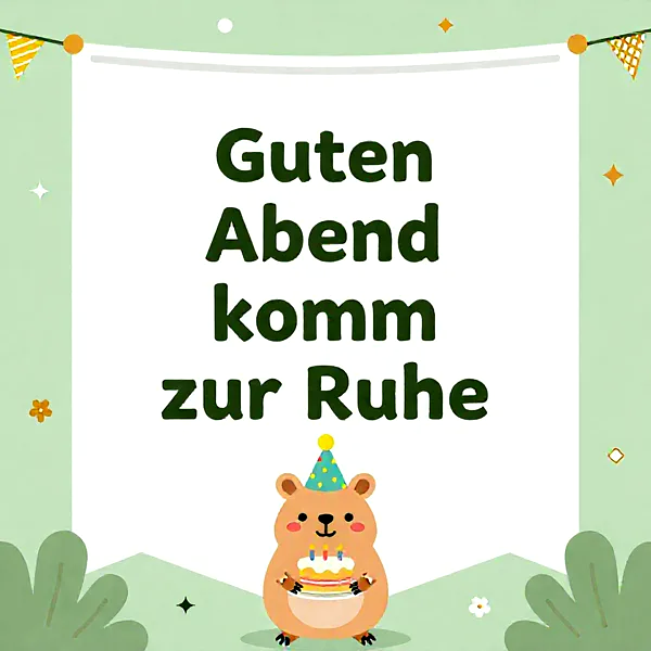 Ein niedliches braunes Tierchen mit spitzem Partyhut hält eine kleine, festliche Torte mit drei brennenden Kerzen. Es sendet liebevolle Abendgrüße für eine entspannte Zeit.