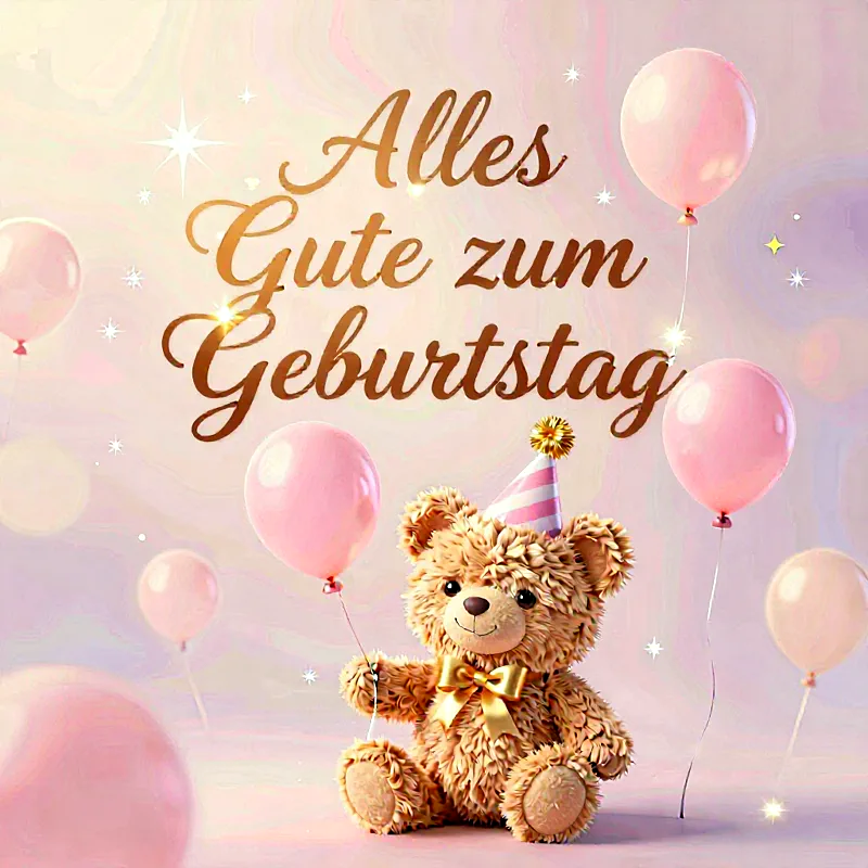 Ein niedlicher, flauschiger Teddybär mit goldenem Partyhut und Schleife sitzt inmitten schwebender rosa Ballons und funkelnder Sterne, während goldene Lettern „Alles Gute zum Geburtstag“ wünschen. Eine liebevolle, festliche Atmosphäre für herzliche Glückwünsche.