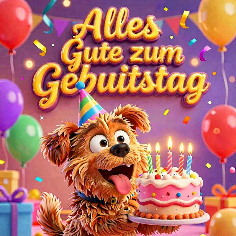 Süße Geburtstagsgrüße: Flauschiger Hund mit Torte und Kerzen