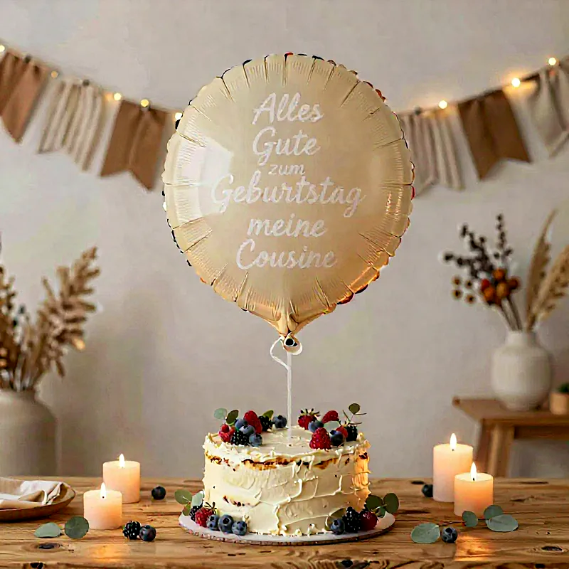 Ein Geburtstagskuchen mit Beeren und Sahne, darüber ein goldener Ballon mit 'Alles Gute zum Geburtstag meine Cousine'. Dazu festliche Kerzen auf einem Holztisch, perfekt für liebevolle Wünsche.