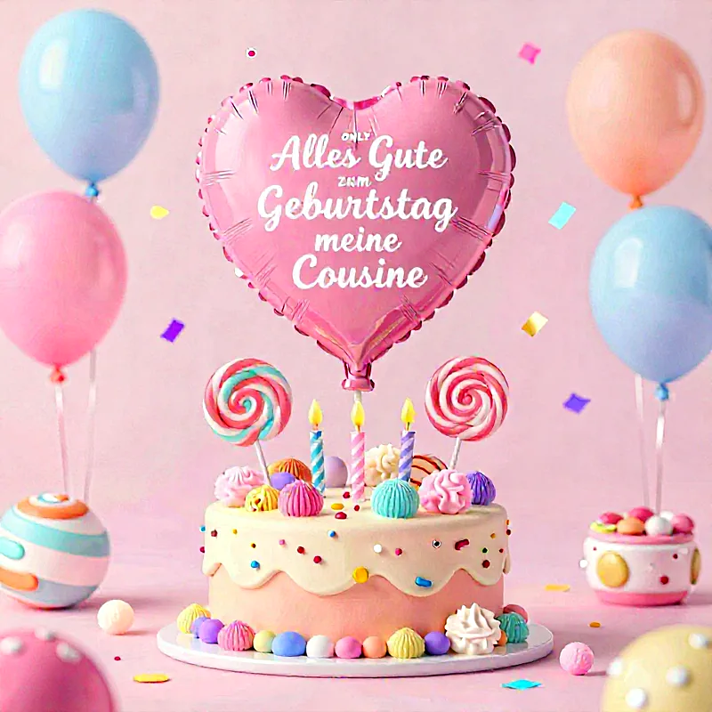 Ein festlicher Geburtstagstisch mit einer zweistöckigen Torte, bunten Kerzen und zwei großen Lollipops. Ein pinker Herzballon schwebt darüber mit Glückwünschen für die Cousine, umgeben von hellblauen und rosafarbenen Ballons sowie Konfetti.