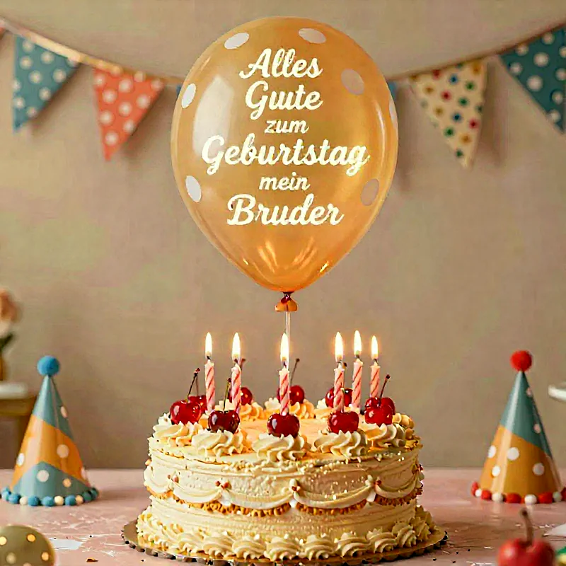 Geburtstagstorte mit leuchtenden Kerzen und roten Kirschen, umgeben von zwei festlichen Partyhüten. Ein orangefarbener Ballon mit der Aufschrift 'Alles Gute zum Geburtstag mein Bruder' schwebt darüber. Bunte Girlanden schmücken den Hintergrund und schaffen eine fröhliche Atmosphäre.