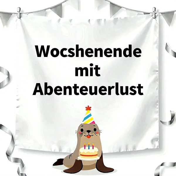 Ein niedlicher Seehund mit bunter Party-Mütze hält eine Geburtstagstorte mit drei Kerzen. Im Hintergrund ist ein weißes Banner mit Girlanden und Silberkonfetti, das eine festliche Atmosphäre zaubert.