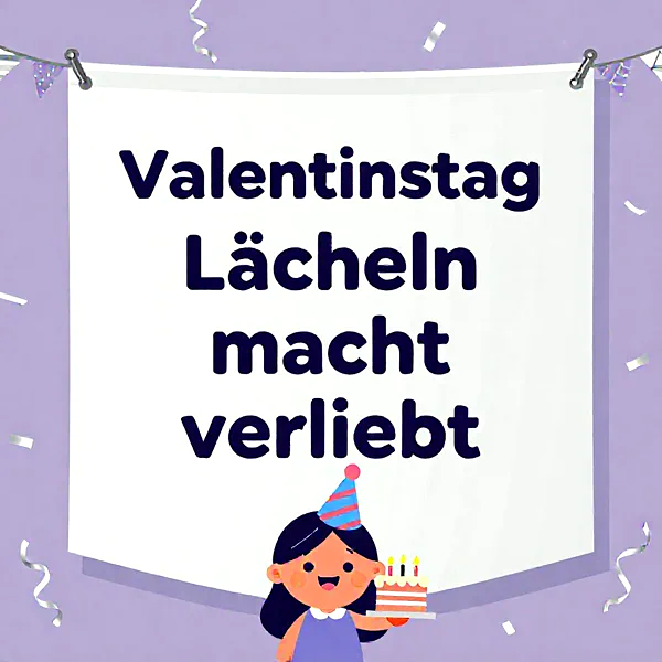 Ein lächelndes Cartoon-Mädchen mit Partyhut hält eine Geburtstagstorte mit Kerzen. Ein Banner mit dem Spruch 'Valentinstag Lächeln macht verliebt' hängt über ihr. Konfetti auf lila Hintergrund sorgt für festliche Stimmung.