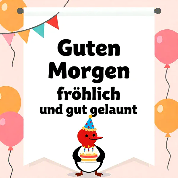 Süße Guten Morgen Grüße mit Pinguin und Torte für gute Laune