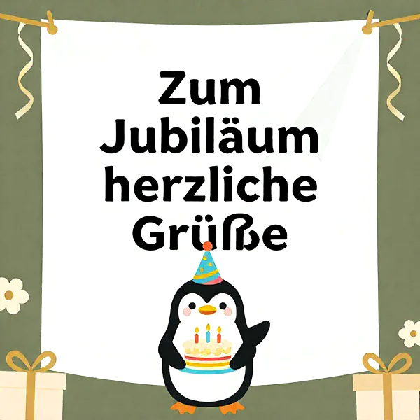 Süße Jubiläumsgrüße: Ein herziger Pinguin überbringt liebevolle Glücksmomente.