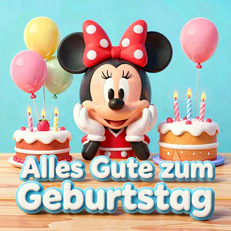 Eine strahlende Minnie Maus mit roter Schleife sitzt zwischen zwei Geburtstagstorten, geschmückt mit brennenden Kerzen und bunten Ballons. Der Schriftzug 'Alles Gute zum Geburtstag' ist zentral positioniert.