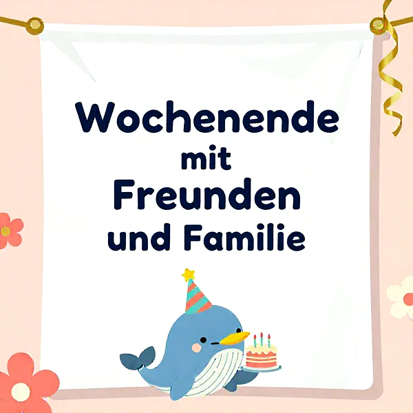Ein niedlicher blauer Wal mit Partyhut und Geburtstagstorte. Darüber ein Banner mit der Botschaft 'Wochenende mit Freunden und Familie'. Der rosa Hintergrund ist mit Blumen und goldenen Bändern festlich verziert.