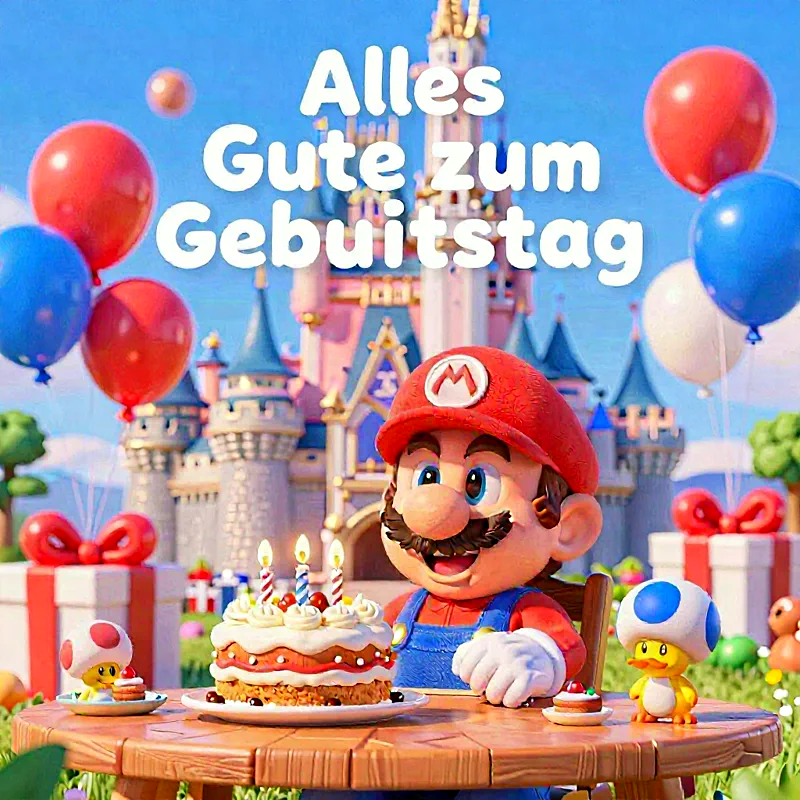 Super Mario Geburtstagsgrüße: Ein Fest der Freude mit Torte und bunten Ballons!