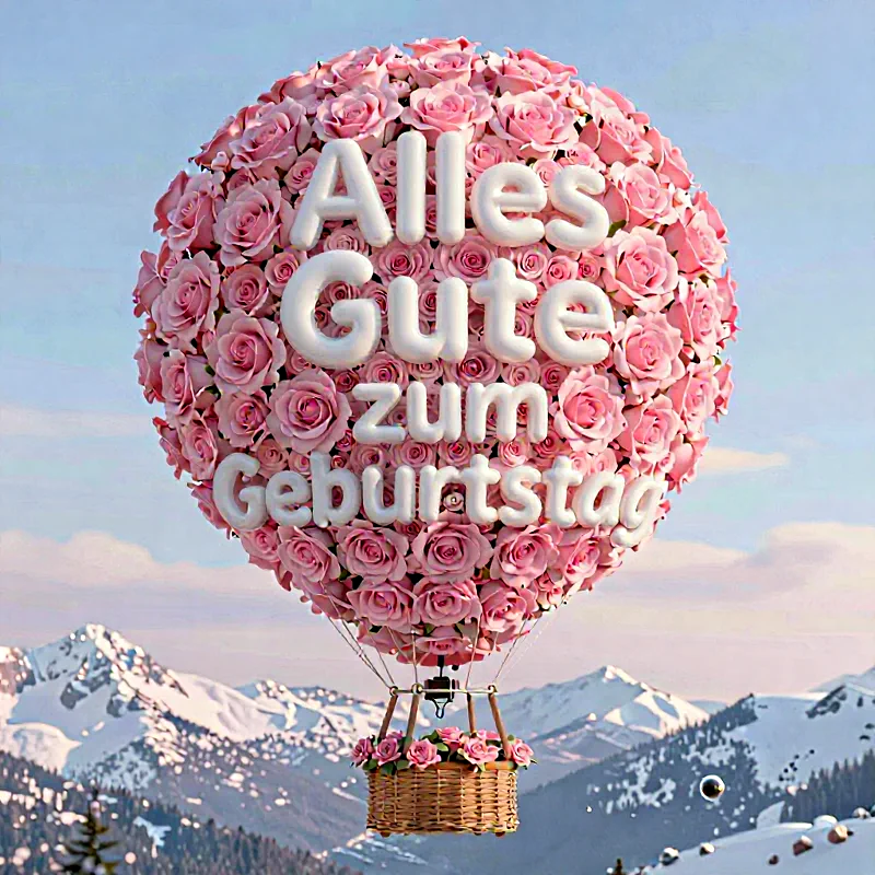Ein atemberaubender Heißluftballon aus zahlreichen zartrosa Rosen schwebt über einer majestätischen Winterlandschaft. Weiße 3D-Buchstaben formen den festlichen Wunsch: Alles Gute zum Geburtstag.