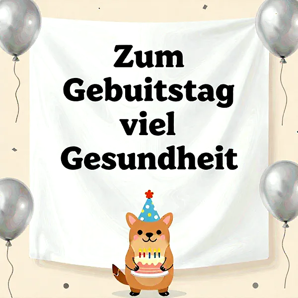 Viel Gesundheit zum Geburtstag! Süße Karte mit Hund und Torte zum Teilen