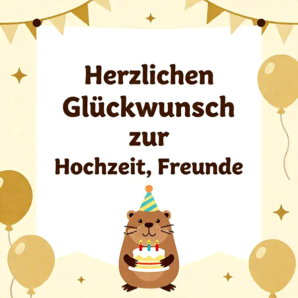 Ein niedliches Biber-ähnliches Tierchen mit gestreiftem Partyhut präsentiert eine kleine Torte mit drei Kerzen. Goldene Ballons und funkelnde Sterne umrahmen diesen herzlichen Hochzeitsgruß, perfekt für liebe Freunde.