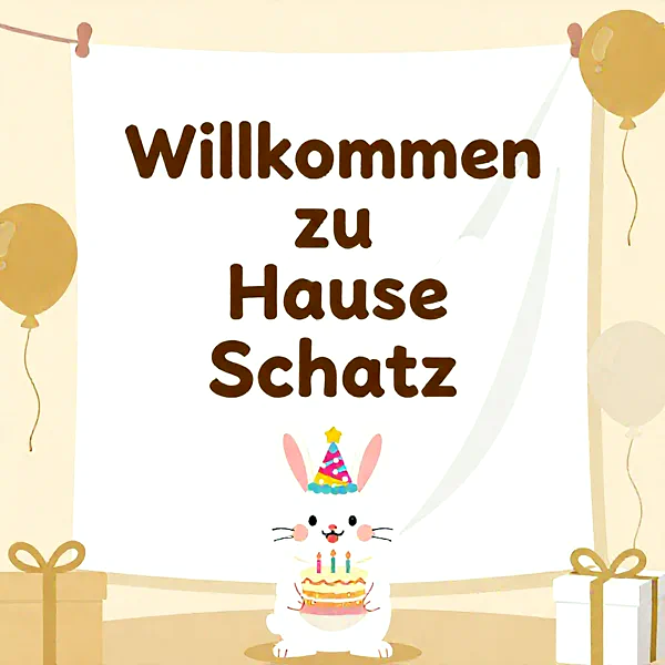 Willkommen zu Hause Schatz: Herzliche Glückwünsche mit süßem Hasen und Torte