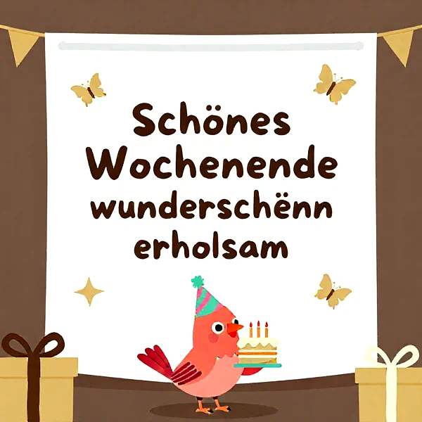 Ein süßer rosa Vogel mit Partyhut hält eine Geburtstagstorte mit vier Kerzen und überbringt Wochenendgrüße. Umgeben von Schmetterlingen und Geschenken, vermittelt das Bild eine fröhliche und erholsame Atmosphäre.