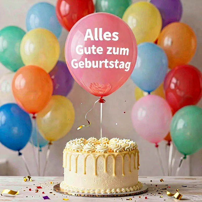 Ein festliches Bild zeigt eine köstliche Geburtstagstorte mit einer hellrosa Ballon-Kerze, auf der 'Alles Gute zum Geburtstag' steht. Bunte Ballons schweben fröhlich im Hintergrund, umgeben von glitzerndem Konfetti.