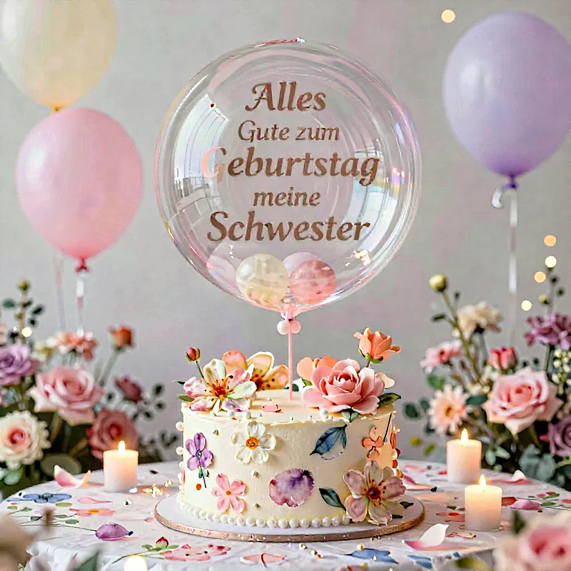 Eine detailreich verzierte Geburtstagstorte mit Zuckerblumen steht festlich bereit. Ein großer Ballon wünscht 'Alles Gute zum Geburtstag meine Schwester'. Sanft leuchtende Kerzen und pastellfarbene Ballons umgeben diese liebevolle Feierlichkeit.