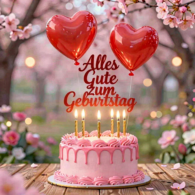 Zauberhafte Geburtstagsgrüße: Süße Torte & Herzballons voller Glück
