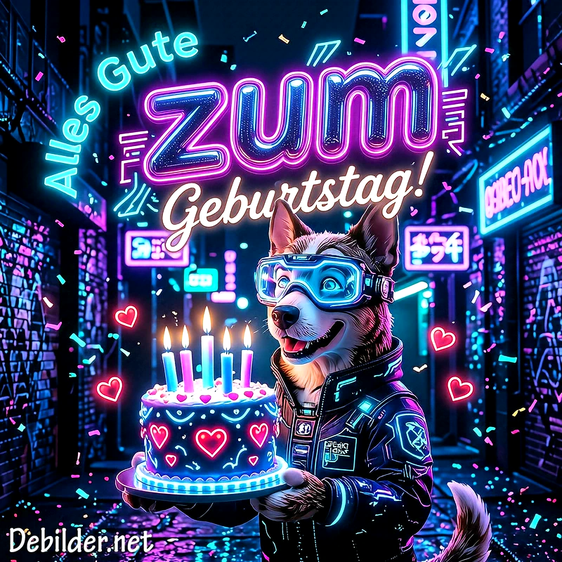 Niedlicher Hund mit leuchtenden Cyber-Brillen und Lederjacke hält eine Geburtstagstorte mit fünf Kerzen. Neonbeleuchtete Cyber-Stadt im Hintergrund mit schwebenden Herzen und Konfetti. Text: Alles Gute zum Geburtstag!