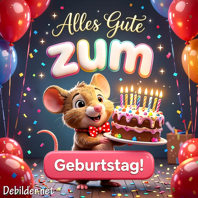 Ein süßes, lachendes Cartoon-Mäuschen im roten Fliege hält eine festliche Geburtstagstorte mit neun brennenden Kerzen. Der Hintergrund zeigt bunte Luftballons, glitzerndes Konfetti und den Schriftzug 'Alles Gute zum Geburtstag!'.
