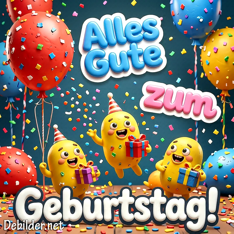 Drei fröhliche, gelbe Figuren mit Partyhüten präsentieren Geschenke inmitten bunter Ballons und Konfetti. Eine ausgelassene und herzliche Geburtstagsstimmung füllt das festliche Bild mit Freude und Wärme.