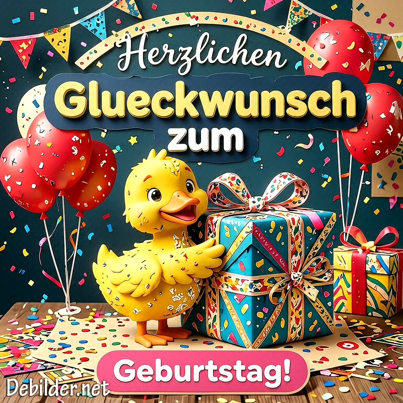 Ein süßes gelbes Küken steht lächelnd neben einem großen, kunstvoll verpackten Geschenk. Umgeben von roten Luftballons, farbenfrohem Konfetti und einer bunten Wimpelkette, strahlt die festliche Szene pure Geburtstagsfreude aus.