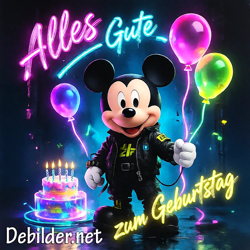 Niedliche Mickey Maus in cooler schwarzer Jacke mit leuchtender Geburtstagstorte, bunten Neon-Ballons und dem Spruch 'Alles Gute zum Geburtstag' vor dunklem Hintergrund.