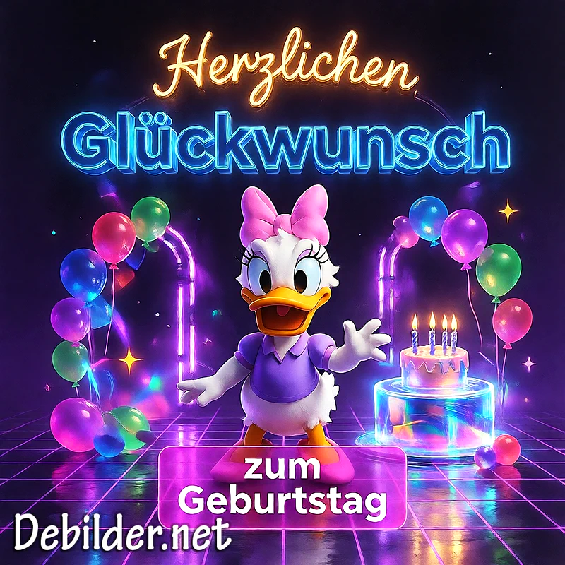 Daisy Duck feiert mit Neon-Glanz: Herzlichen Glückwunsch zum Geburtstag!