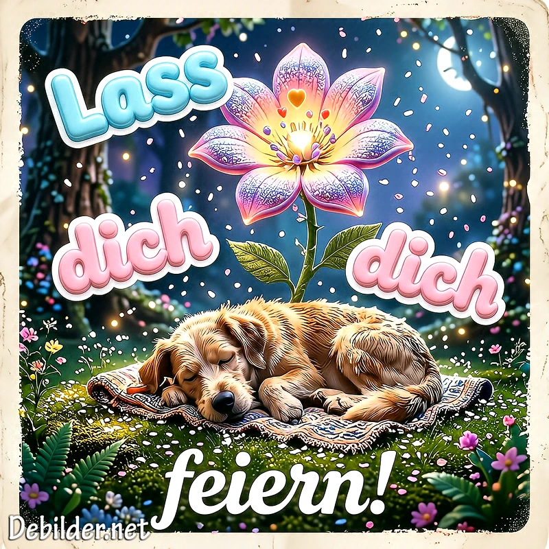 Ein süßer Golden Retriever Welpe schläft friedlich auf einer Decke. Eine leuchtende magische Blume, umgeben von funkelnden Lichtern im verzauberten Wald, schafft eine festliche Stimmung. Der Spruch 'Lass dich dich feiern!' ist zu sehen.
