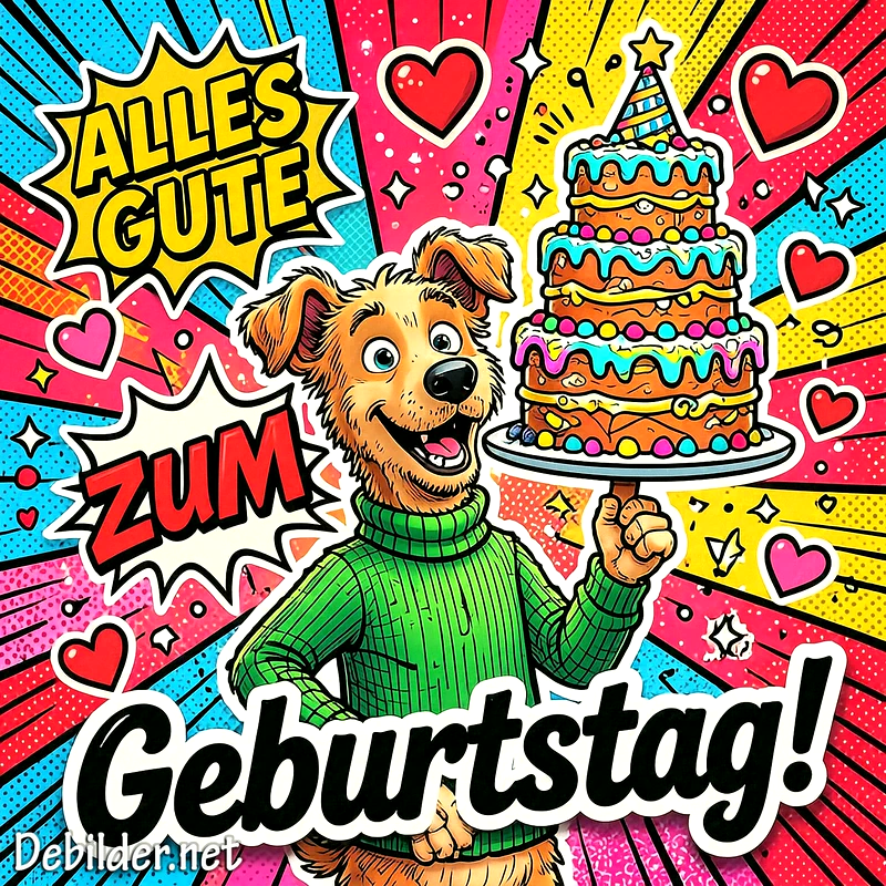 Ein fröhlicher Cartoon-Hund in grünem Pullover präsentiert stolz eine bunte Geburtstagstorte mit Partyhut. Lebendige Comic-Grafik mit Herzchen und dem Spruch 'Alles Gute zum Geburtstag!'.
