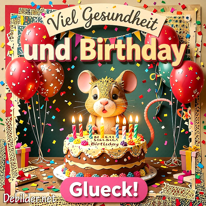 Festliches Geburtstagsbild mit einer niedlichen Cartoon-Maus, die hinter einer Geburtstagstorte mit leuchtenden Kerzen sitzt. Rote Ballons, bunte Geschenke und Konfetti umrahmen die Szene und schaffen eine fröhliche Stimmung für Gesundheit und Glück.